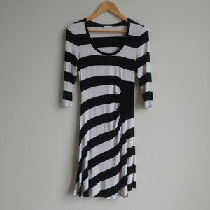 Calvin Klein 90s vibe white black striped soft stretch dress waist ruching 6